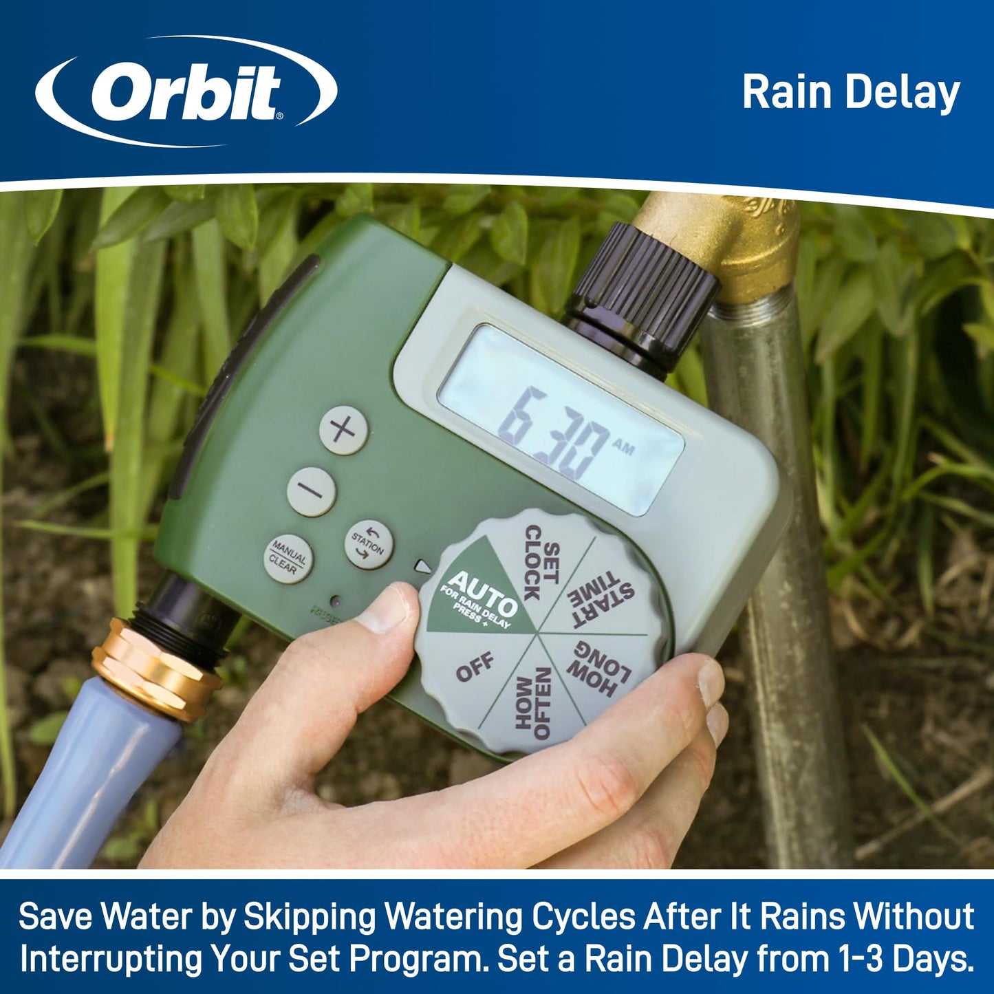 Orbit Programmable Digital Hose Watering Timer - 2 Outlet - Battery Powered - with LCD Screen - Built-in Rain Delay - Water-Resistant - 58910
