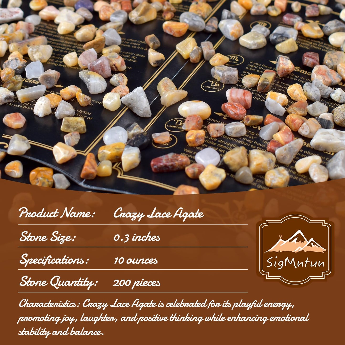 SigMntun Polished Crazy Lace Agate Crystal Chips 200 Pcs - 0.3" 10 oz Tumbled Stone Chips Crushed Sea Glass Stones Healing Reiki Crystal Making Home Decoration
