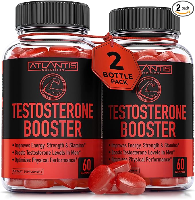 Atlantis Nutrition Testosterone Booster Gummies For Men - Enhances Strength & Stamina - Optimizes Performance & Male Enhancement - Made With Tribulus, Horny Goat Weed, Maca Root | 2-Pack (120 Gummies)