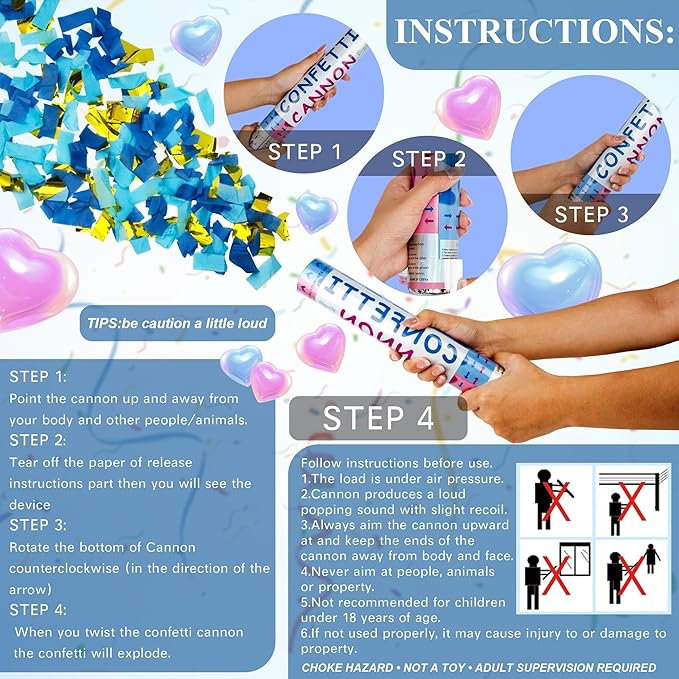 2 Pack Gender Reveal Confetti Cannon, 12 in Blue Rectangle Shaped Party Poppers Shooters Cannons, Confetti Poppers For Baby Boy Girl Gender Reveal Baby Showers (Rectangle, Blue)