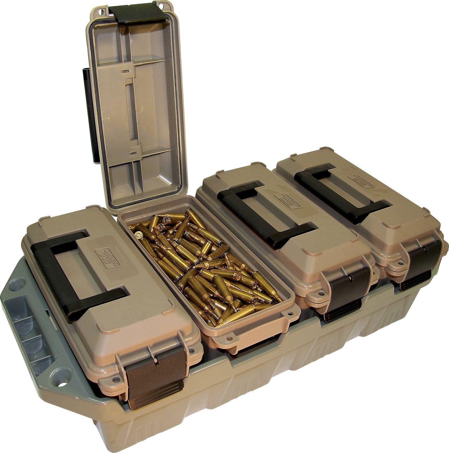 MTM AC4C 4-Can Ammo Crate, 30 Caliber, Convenient size, Stackable, Easy Carry and Transport of 30 Caliber Ammo, Rugged Tactical Carrying Crate, USA Made, Dark Earth/Army Green