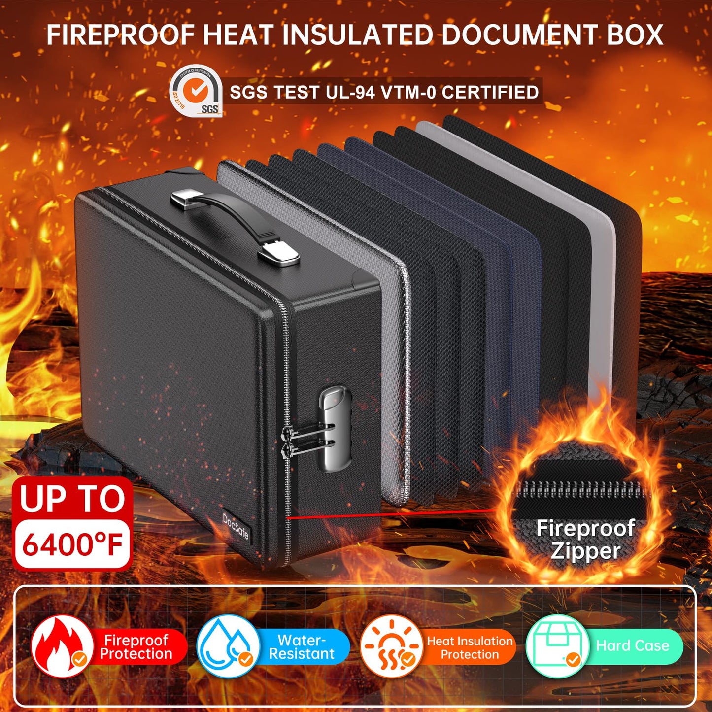 DocSafe 6400°F Fireproof Document Box with Lock,Heat Insulated Fireproof Water Resistant 10 Layers Hard Case Safe Box with Zipper＆Multi Pockets,Protects Personal Items,Documents,Laptop,Passport,Black