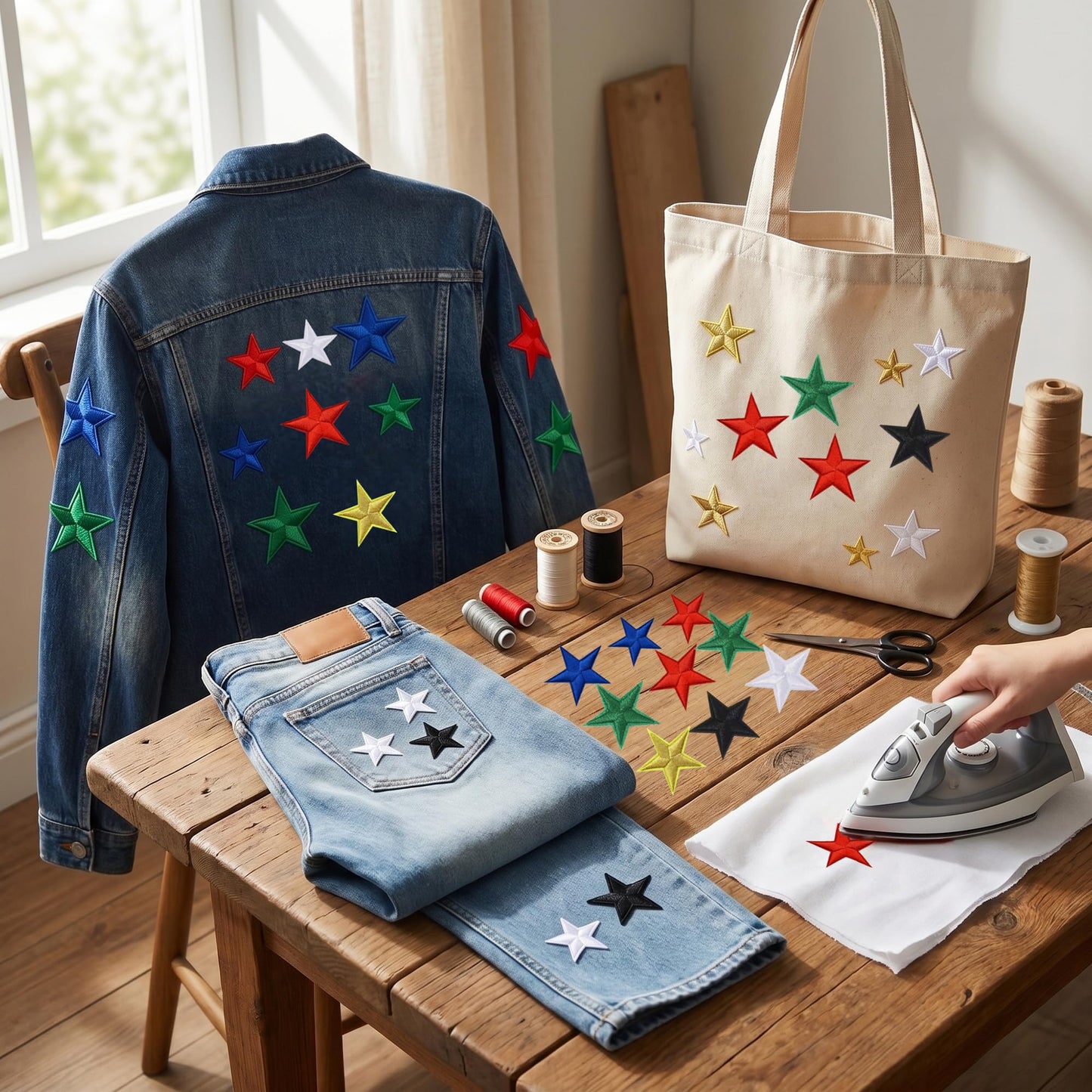 128 Pcs Varsity Letter Patches Kit - 104 Self-Adhesive Chenille Letters & 24 Iron-On Stars, Peel & Stick Fabric Patches for Clothes, Backpacks, Hats (2.17", Red, Black, Blue, White & Gold Stars)