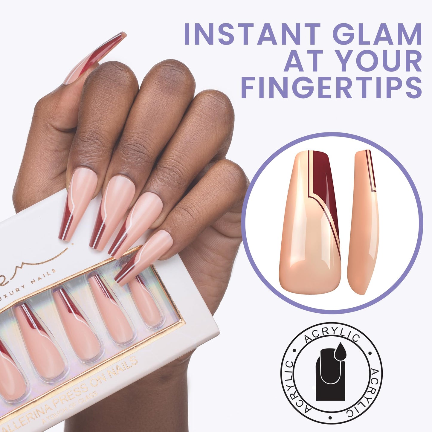 Allkem Mystic French Press on Nails | Glossy Extra Long coffin | 10 sizes - 20 pcs Ballerina Nail kit with Glue