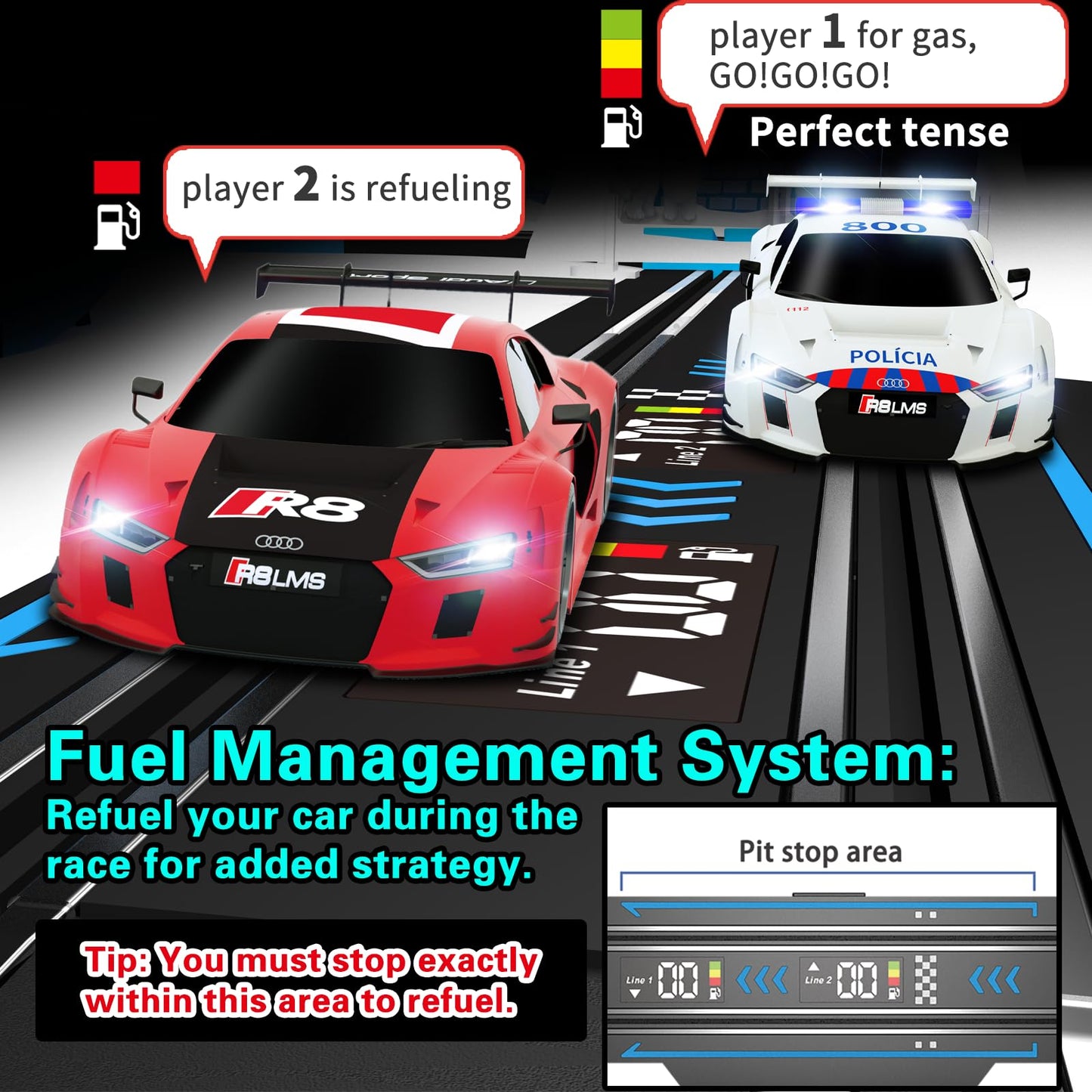 AGM MASETCH Slot Car Racing Set with LED Lap Counter, High Speed, Fuel Pit Stop, Voice Feedback, 4 Licensed Cars, 13.5m (44ft) Track, Electric or Battery Powered for Kids & Adults