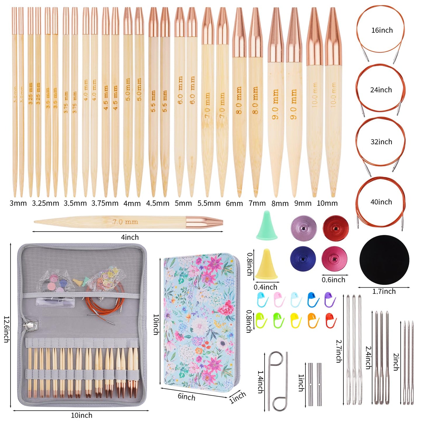 WAZAIGUR Knitting Needles Set, Interchangeable Bamboo Circular Knitting Needles Set, 3mm 3.25mm 3.5mm 3.75mm 4mm 4.5mm 5mm 5.5mm 6mm 7mm 8mm 9mm 10mm Knitting Needles, 13 Pairs