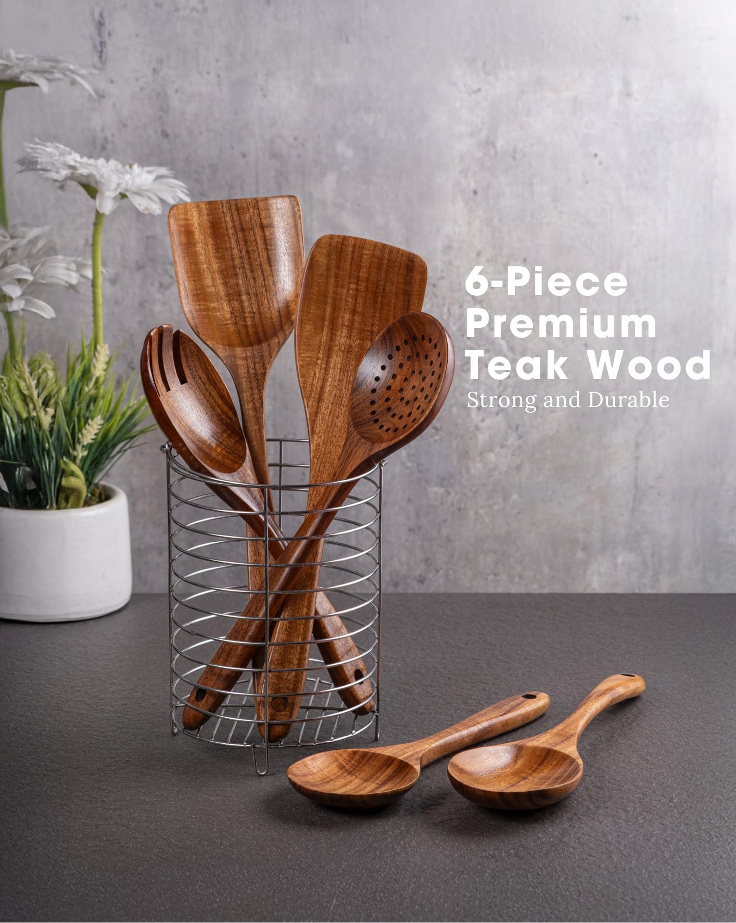 New Kitchen 6 Piece Non Toxic Wooden Spoons for Cooking - Smooth Finish Teak Kitchen Utensils Set - Non-Stick Wooden Spatula Perfect for Pasta, Mixing and Kitchen Essential and Gift