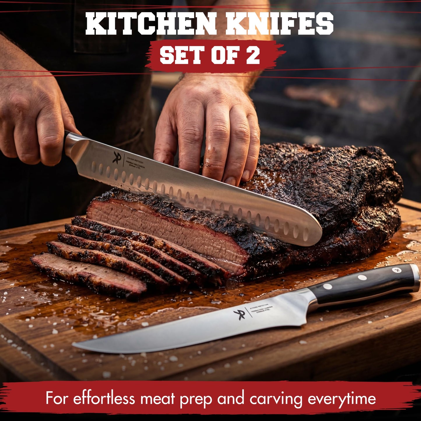 Kitchen perfection BBQ Carving Set for Meat -12” Brisket Slicing Knife +6” Boning Knife with Sheaths - Razor Sharp, Premium German Steel, Full Tang Ergonomic Handles- Perfect Grilling Gifts for Men