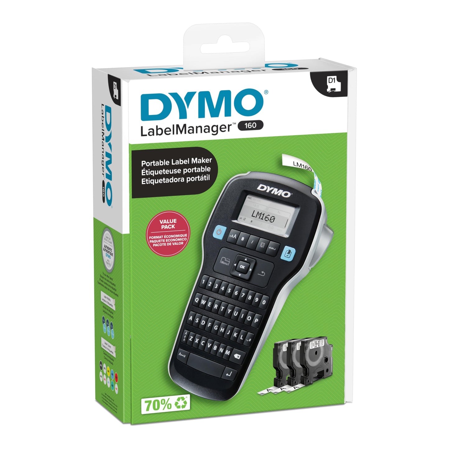 DYMO LabelManager 160 Portable Label Maker Bundle, Easy-to-Use, One-Touch Smart Keys, QWERTY Keyboard, Large Display, For Home & Office Organization, Includes 3 D1 label cassettes