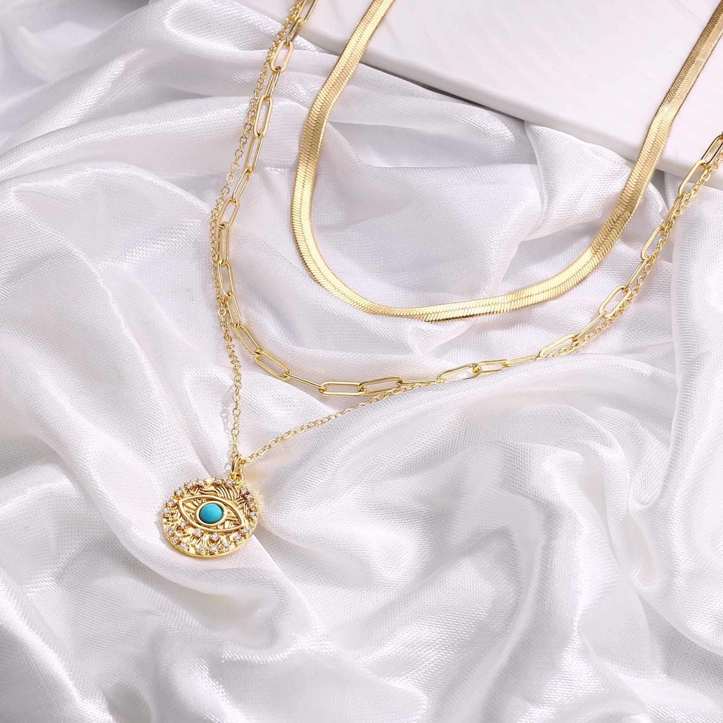 Turandoss Layered Evil Eye Necklace for Women, Layered Snake Evil Eye Necklace Layering Evil Eye Link Chain Necklaces for Women