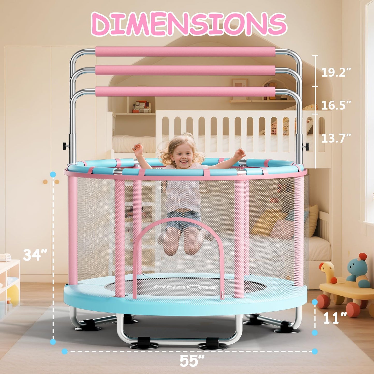 FitinOne 55" Toddler Mini Trampoline for Kids, Indoor Outdoor Toys with Swing, 440lbs Baby Kids Trampoline, Gymnastics Bar, Birthday Gifts for Boy Girl Age 1-8