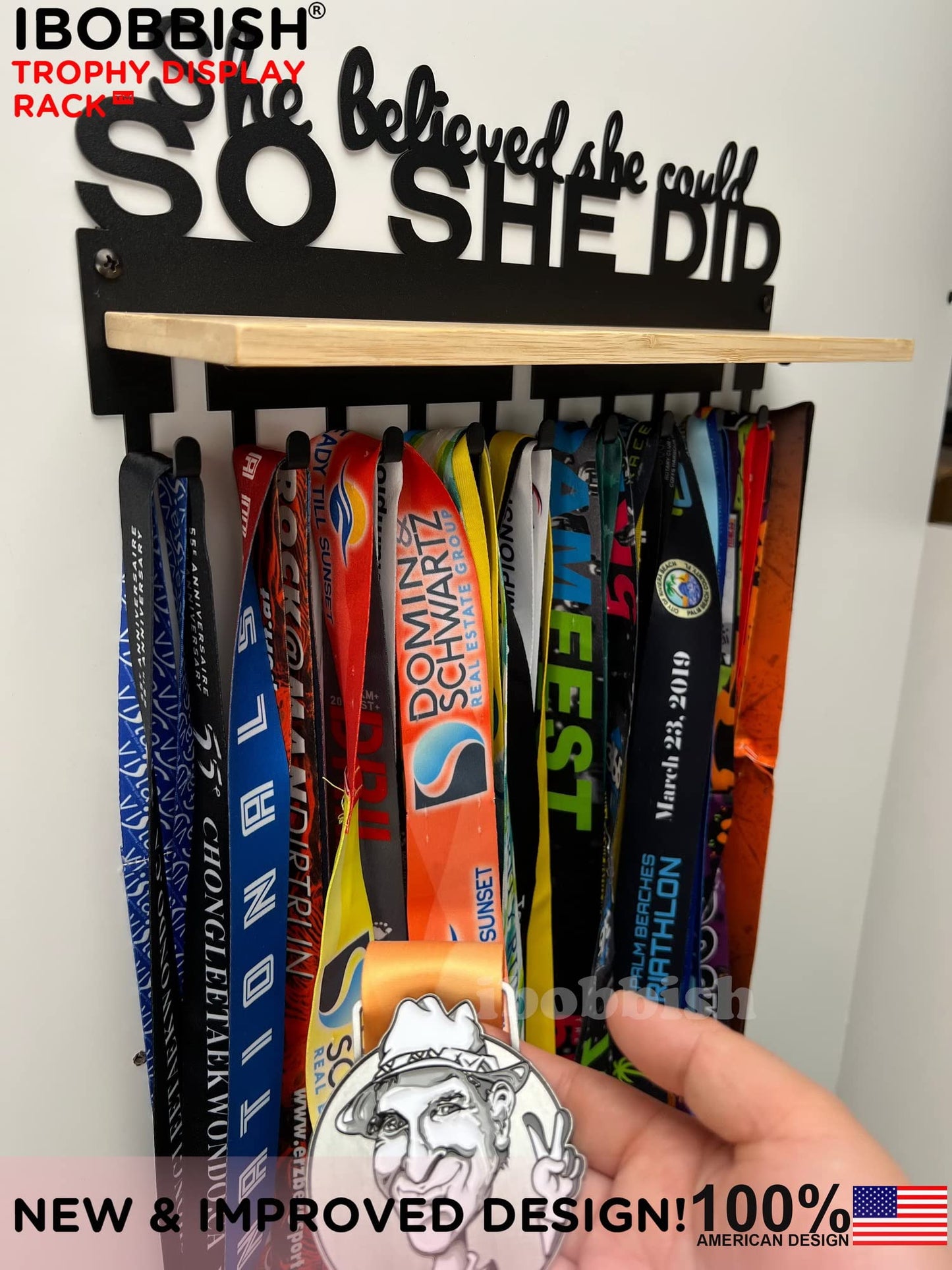 iBobbish Premium Medal Hanger Display Trophy Shelf,She believed she could SO SHE DID Upgraded Trophy and Medal Display Shelf for Wrest,gymanstics,Race,Soccer