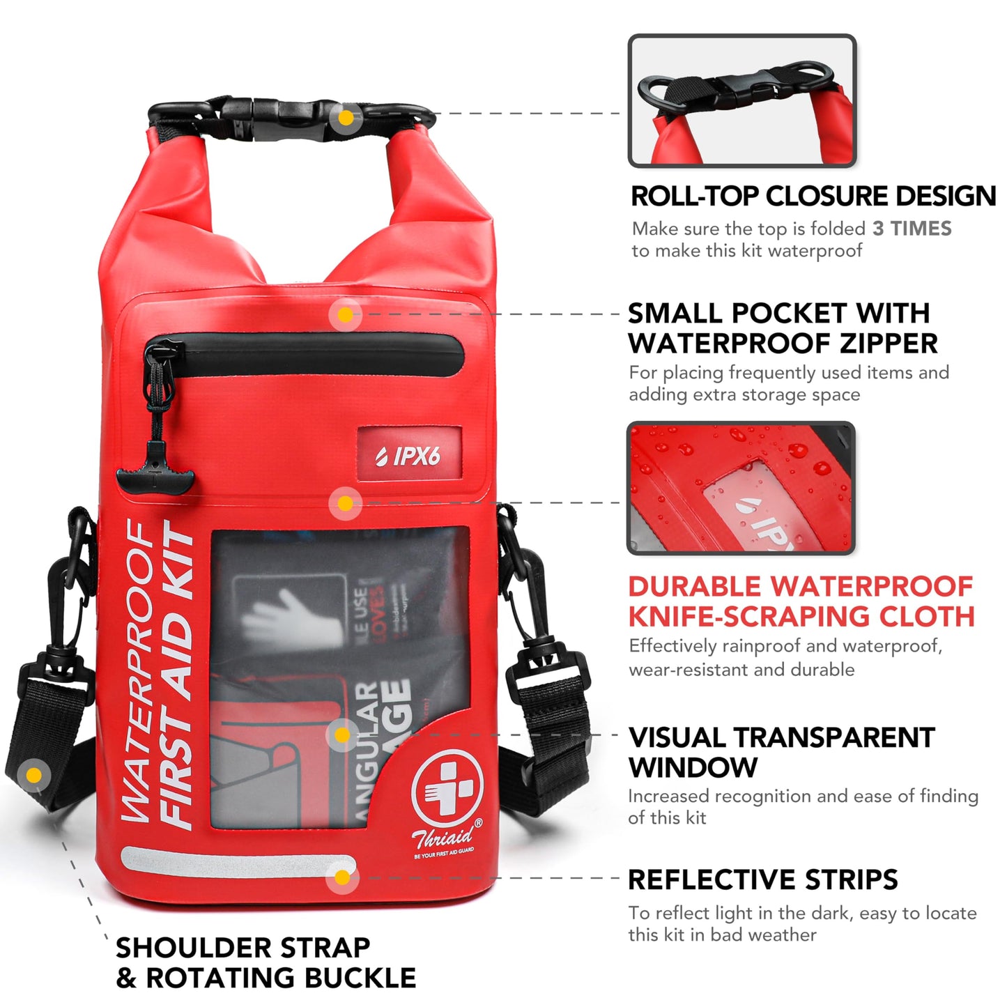 250 PCS Waterproof First Aid Kit, Roll Top Reflective Boat Dry Bag Bug Out Bags, Emergency Medical Kit Ideal for Boating, Camping, Fishing, Kayaking, Floating, Red