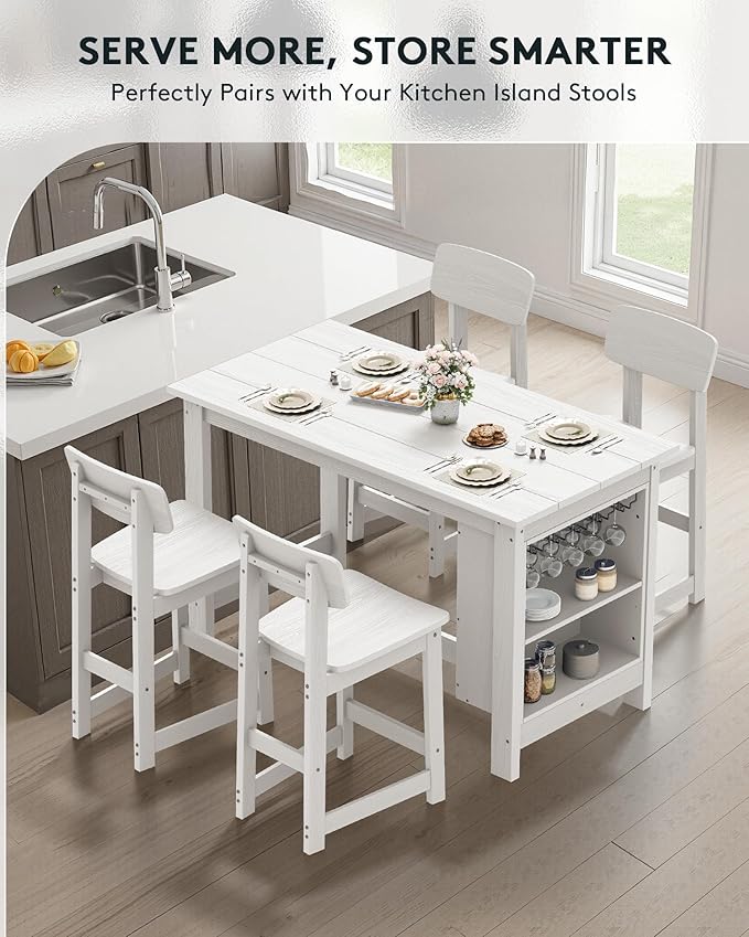 SERWALL Outdoor Bar Table and Chairs Set, 5-Piece HDPE Counter Height Patio Dining Sets with Storage and Wine Rack, Rectangular High Top Bar Table with 4 Bar Stools for Garden, Backyard, White