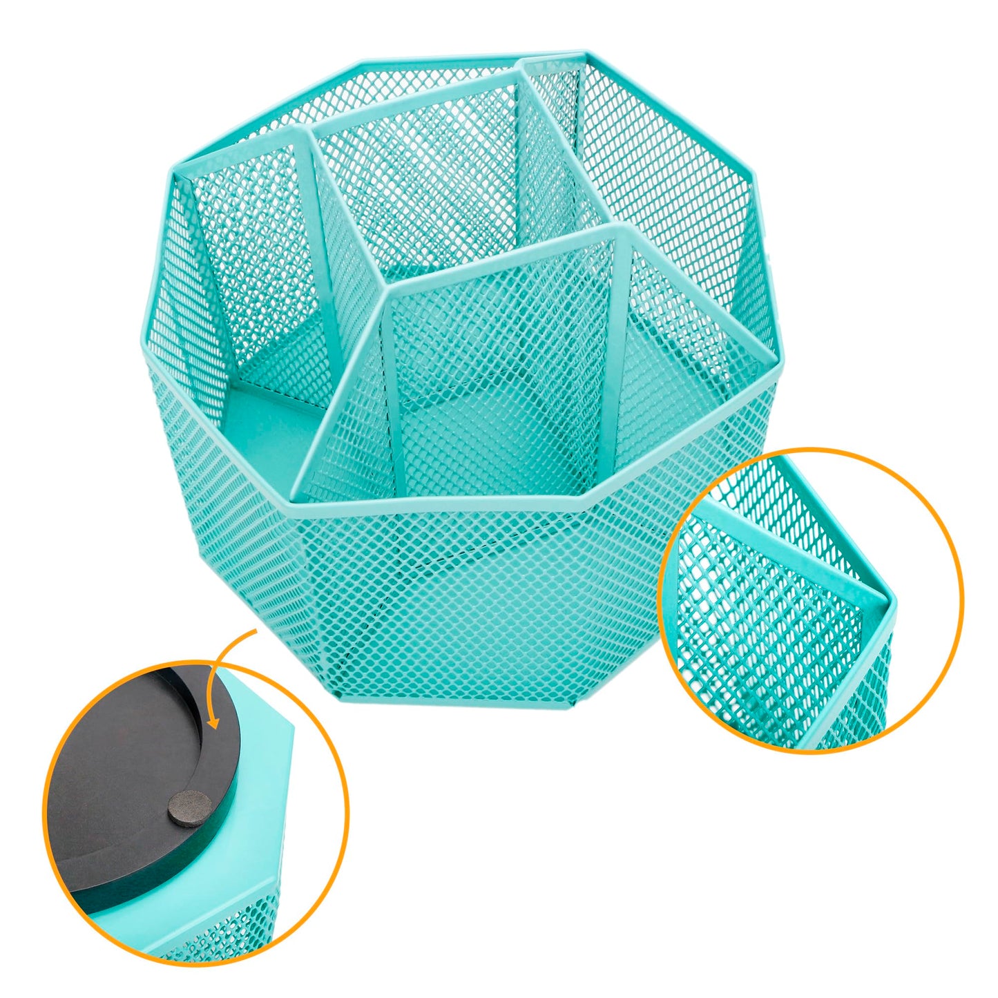 Annova Mesh Desk Organizer Rotate with 5 Compartments Spinning Tidy Candy/Pen Holder Office, Art Supply, Storage, Classroom, Home (Turquoise)