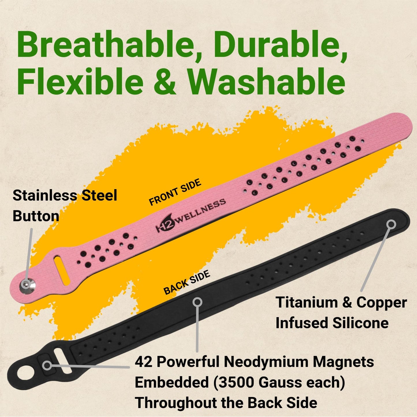H2WELLNESS Magnetic Therapy Bracelet Super Ultra Strength Waterproof Breathable Comfortable Adjustable Infused with Titanium and Copper Sport Band (Pink)