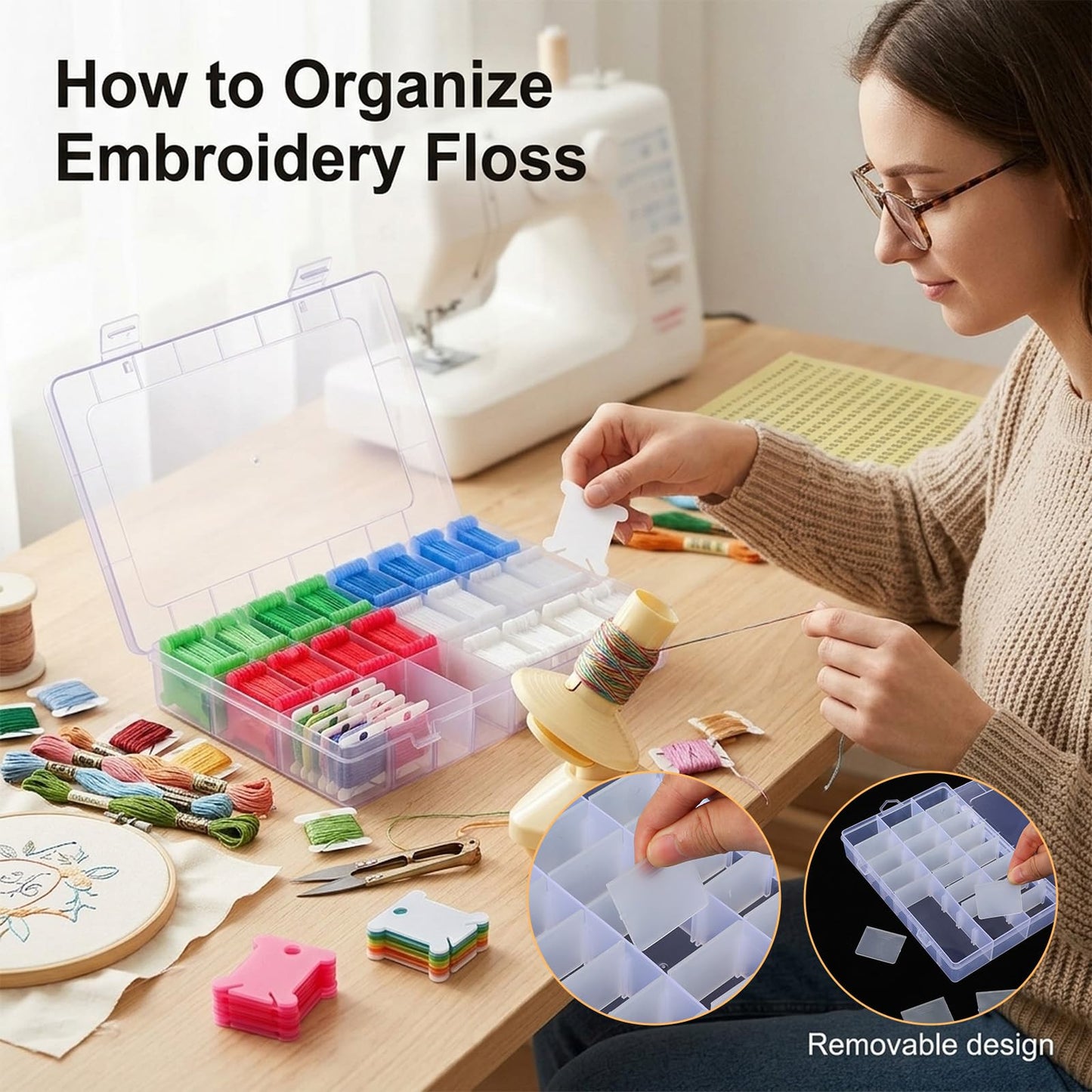 Complete Embroidery Floss Organizer Kit: 2 Removable 24-Grid Thread Storage Boxes with 300 Bobbins, 2 Winders & Labels - Ultimate Embroidery Thread Organizer for Cross Stitch & DIY Crafts