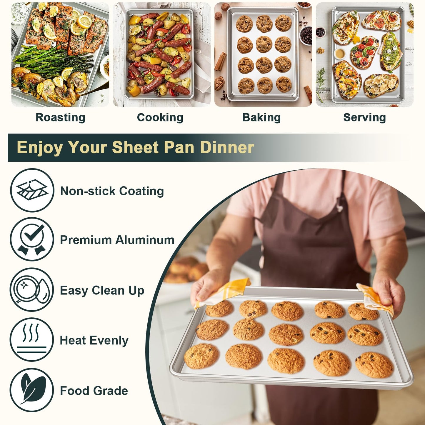 Wildone Baking Sheet with Rack Set (2 Pans + 2 Racks), Natural Aluminum Commercial Quality Cookie Sheet with Cooling Rack, Nonstick Baking Pan, Warp Resistant & Heavy Duty, Half Sheet Size