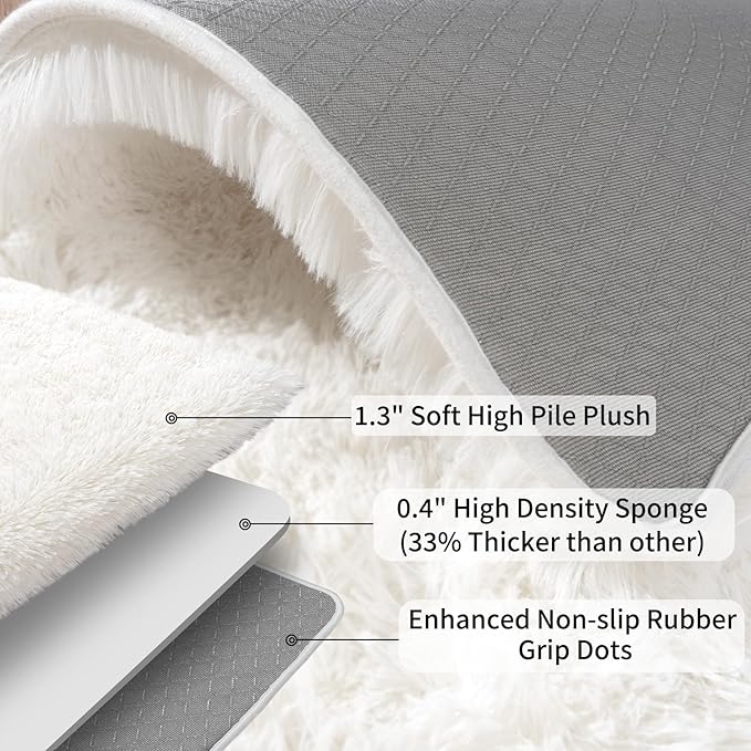 Ultra Soft Runner Rugs for Bedroom Hallways with Upgraded Non-Slip Rubber Backing & Thick Memory Sponge, 2x3 Feet Fluffy Shag Throw Area Rug for Bedside Dorm Cream