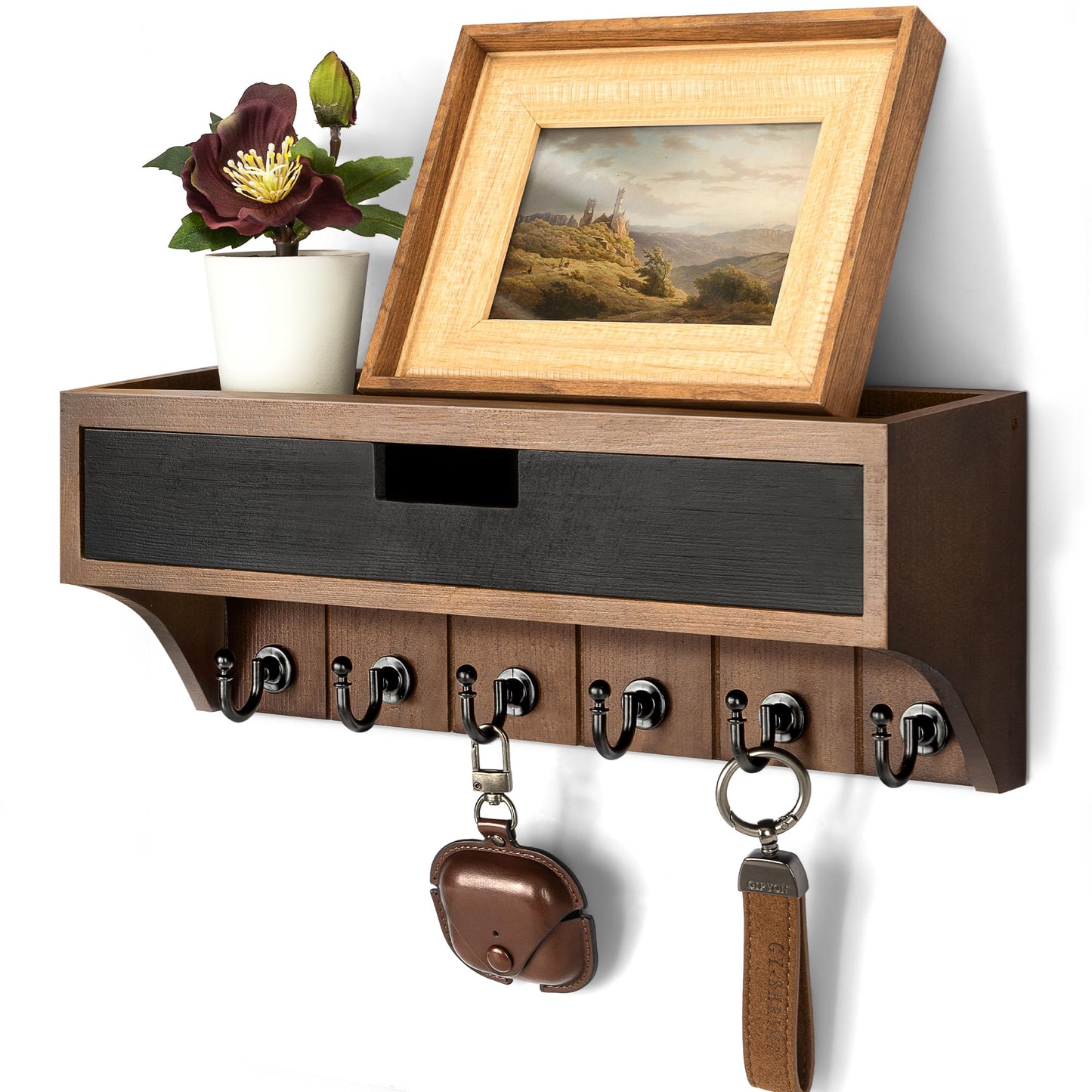 Rebee Vision Pine Wood Key Holder Wall Mount with Drawer Organizer – Decorative Mail Organizer with 6 Key hooks and Wall Shelf - Modern Room Decor for Entryway or Living Room (Brown & Black)