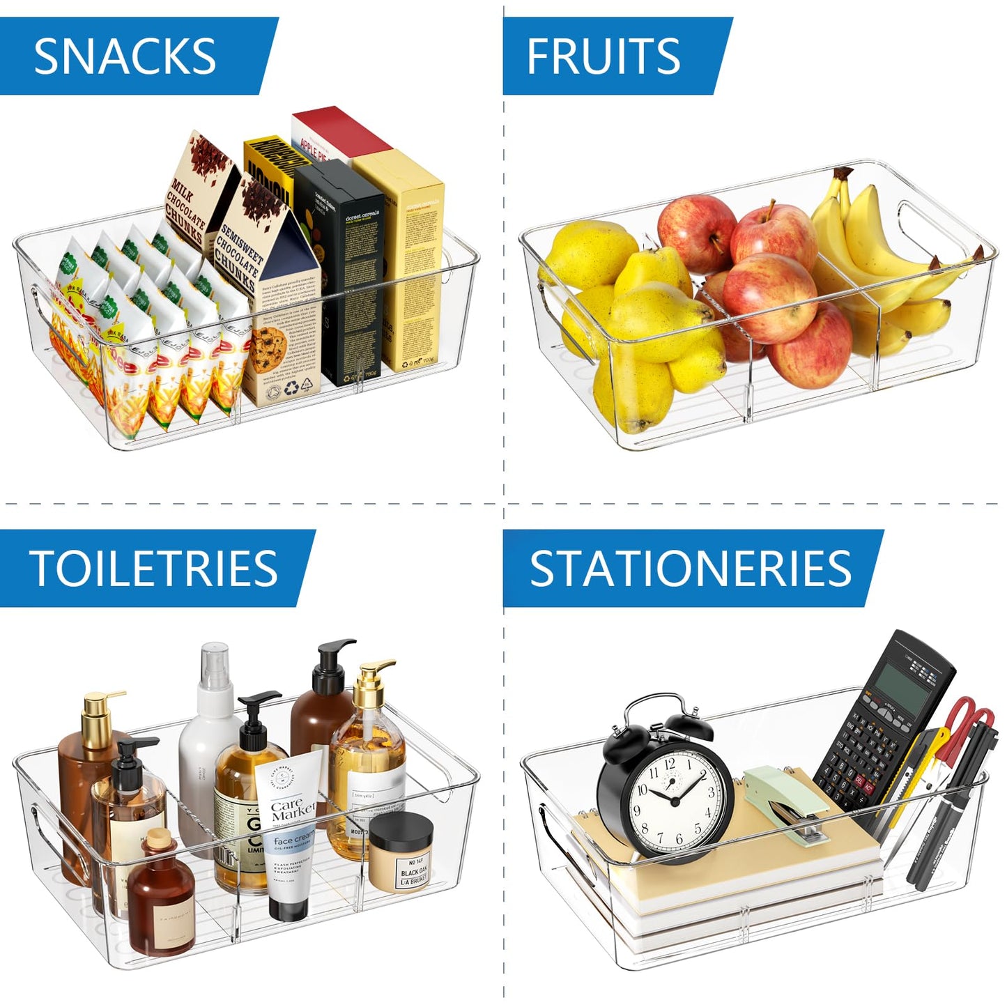 Mpotmiy 6 Pack Pantry Organizers and Storage,Clear Plastic Containers with 2 Dividers for Kitchen,Fridge Organization and Storage,Acrylic Bins for Pounches,Spice Packet,Snack organzier