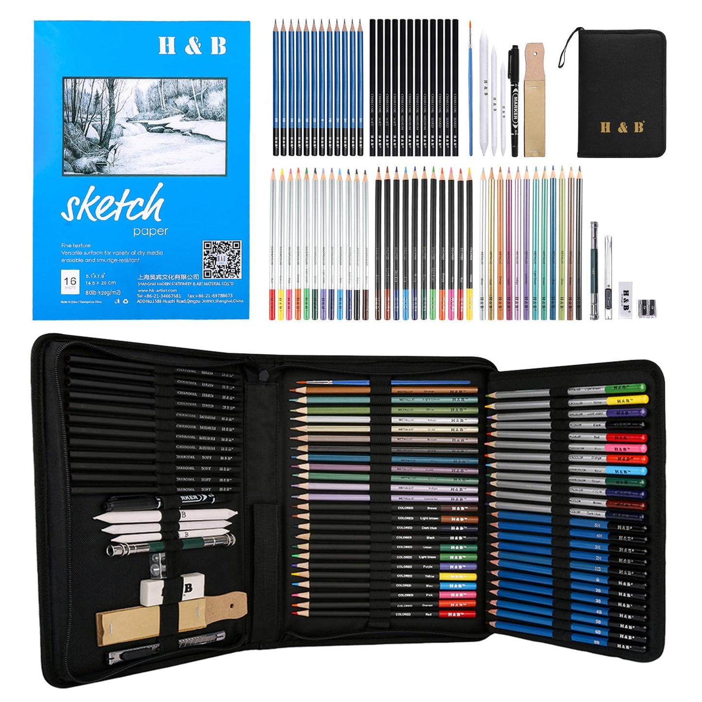 H & B 72PCS Drawing Supplies, Sketching Art Kit with A5 Sketchbook - Includes Graphite, Charcoal, Watercolor Pencils for Adults, Teens, Beginners & Kids