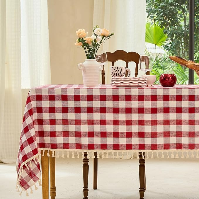 Table Cloth Rectangle Table-Rustic Gingham Tablecloth Buffalo Plaid Table Cloth for Thanksgiving Christmas Kitchen Dining Room (55x120 Inch,Red and White)