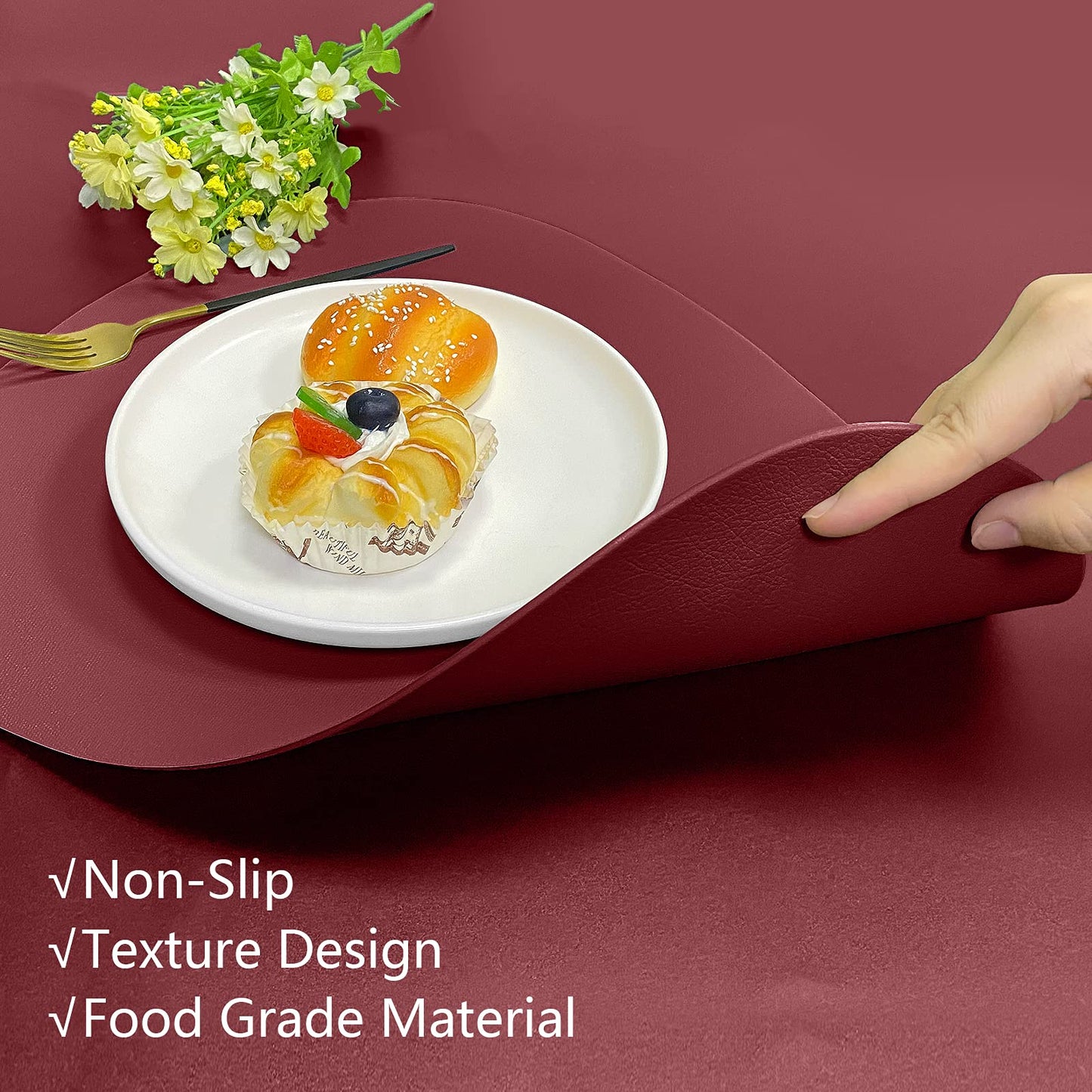 Herda Burgundy Placemats Set of 4 for Dining Table, Wine Red Leather Table Mats Place Mats Wipeable Washable Placemats for Kitchen Dining Patio Table Easy to Clean Holiday Table Christmas Table Mats