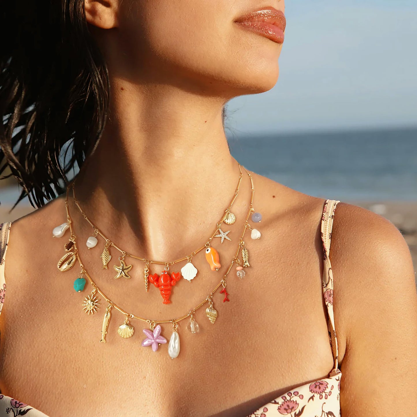 CLASSYZINT Layer Charm Necklace for Women Sea Shell Necklace Boho Shell Necklace Summer Starfish Shell Necklaces