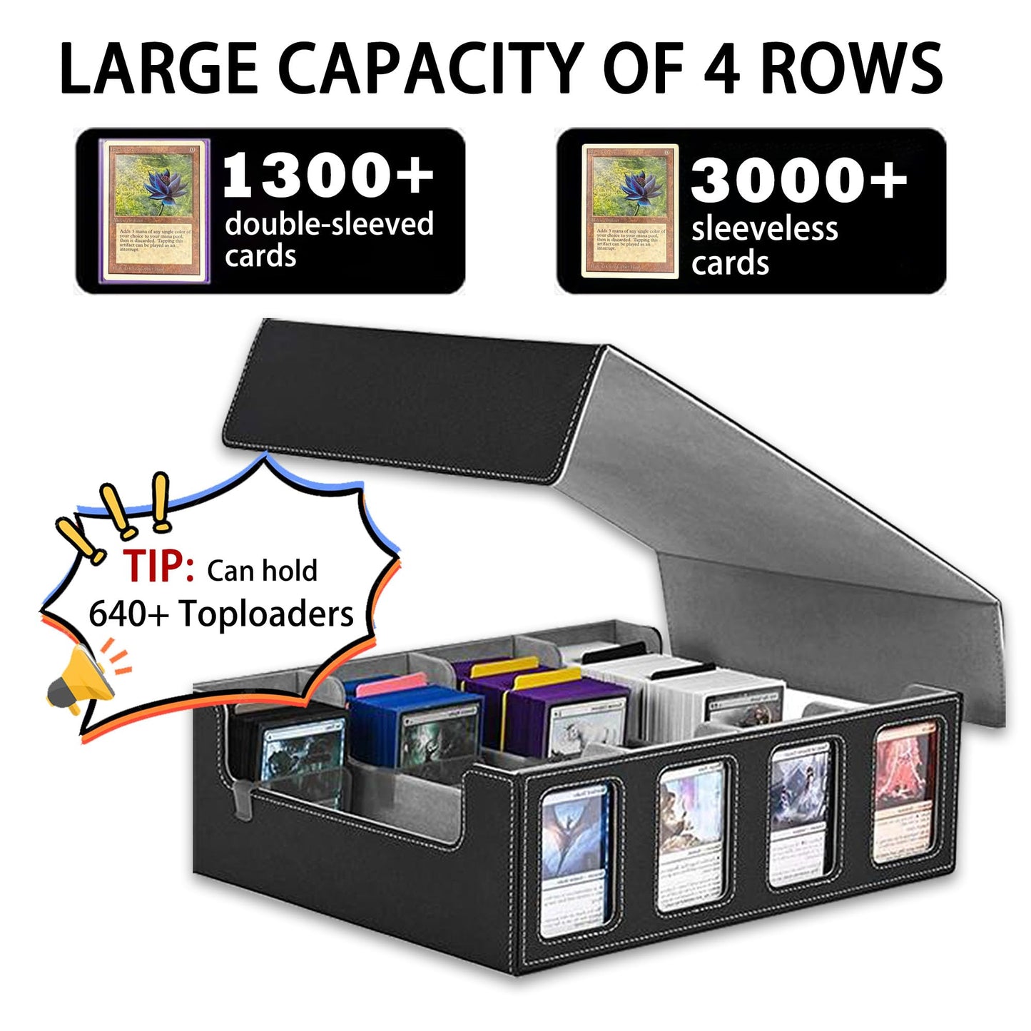 TINTEK 4-Row Trading Card Storage Box – Holds 3000+ Cards – Commander Display Slot, Magnetic Removable Lid, PU Leather Deck Box – Compatible with MTG Commander, TCG,(T2400Black&Gray)
