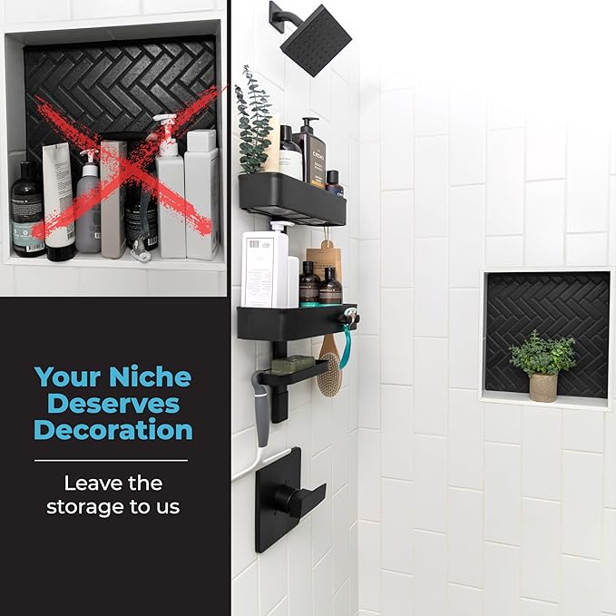 Rust Resistant Hygienic Shower Caddy – Hanging Bathroom Organizer with Adjustable Shelves, Easy Clean Trays & Magnetic Hooks for DIY Remodels & Shower Niches - Black