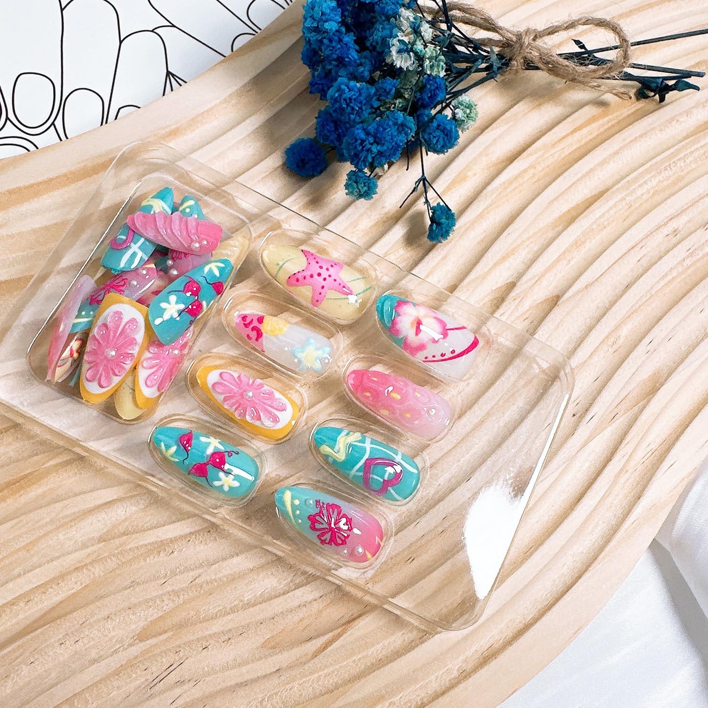 30Pcs Handmade Press on Nails Medium Almond Fake Nails with 3D Designs Summer Beach Acrylic Nails Seashell Flower Glue on Nails Heart Starfish False Nail Lemon Butterfly Stick on Nail for Women