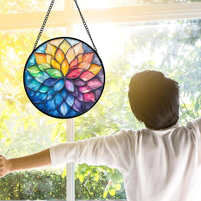 DASTOLL Stained Glass Window Hanging, Colorful Flower Petals Sun Catchers Diamond Glass Panel Hangings Suncatcher Decor for Birthday for Women, Men, Wife, Aunt, and Mom 9.8 in