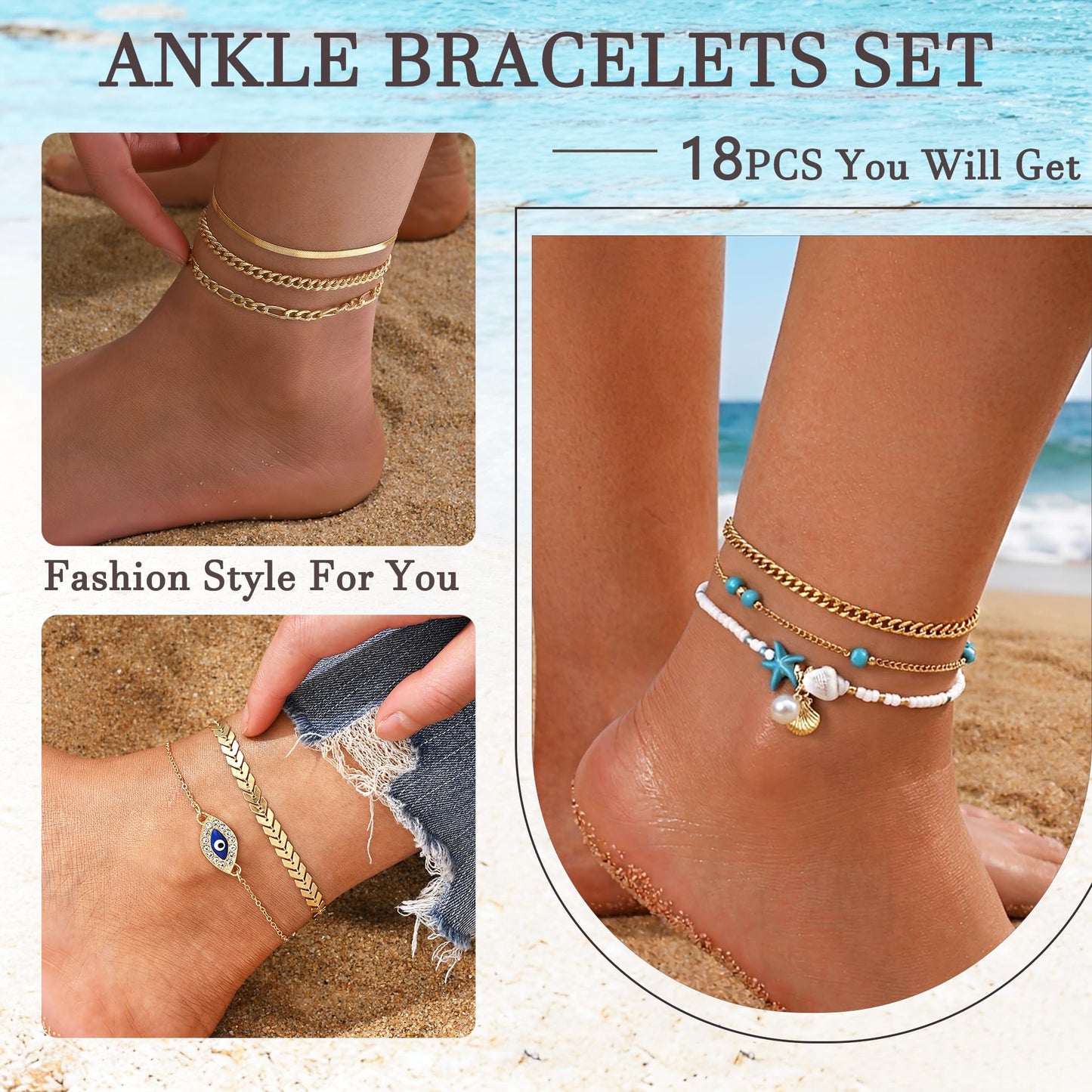 17KM 18PCS Gold Ankle Bracelets for Women, Boho Shell Bead Cuban Link Chain Waterproof Gold Anklets Set, Adjustable Layered Anklets for Women Beach Jewelry Gift