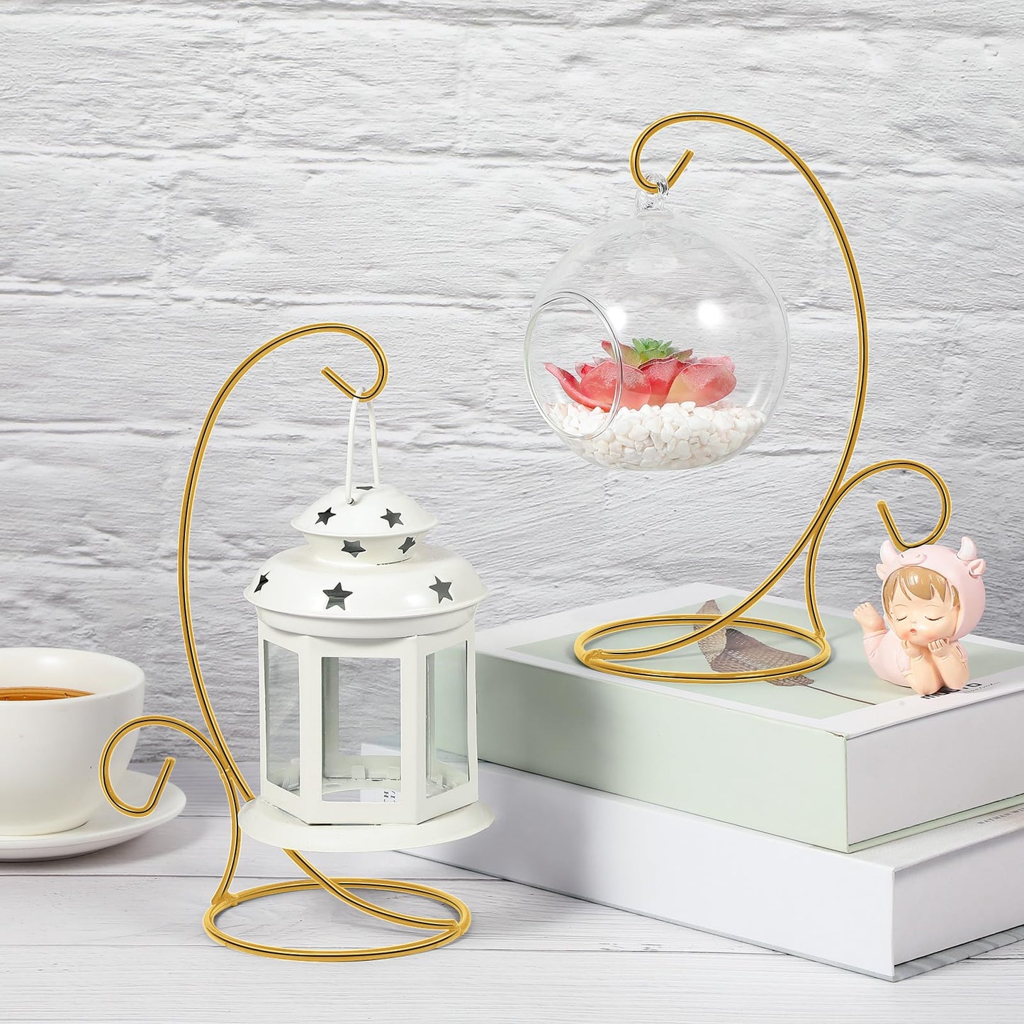 Tandefio 16 Pcs 9" H Ornament Display Stand Iron Hanging Stand Christmas Ornament Hanger Holder Decoration Display Holder Hook for Glass Globe Air Plant Terrarium Table Decor(Gold)