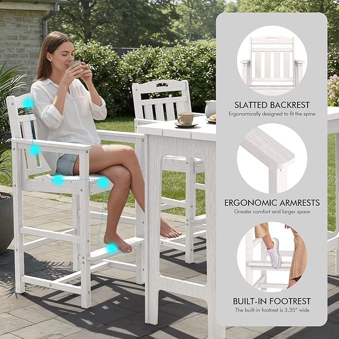 Ciokea Outdoor Bar Height Table Set of 5, 60" Extra Long Rectangle High Top Table and 4 Oversized Adirondack Chairs Set, Heavy-Duty All-Weather HDPE Patio Bar Set for Backyard Balcony Deck, White