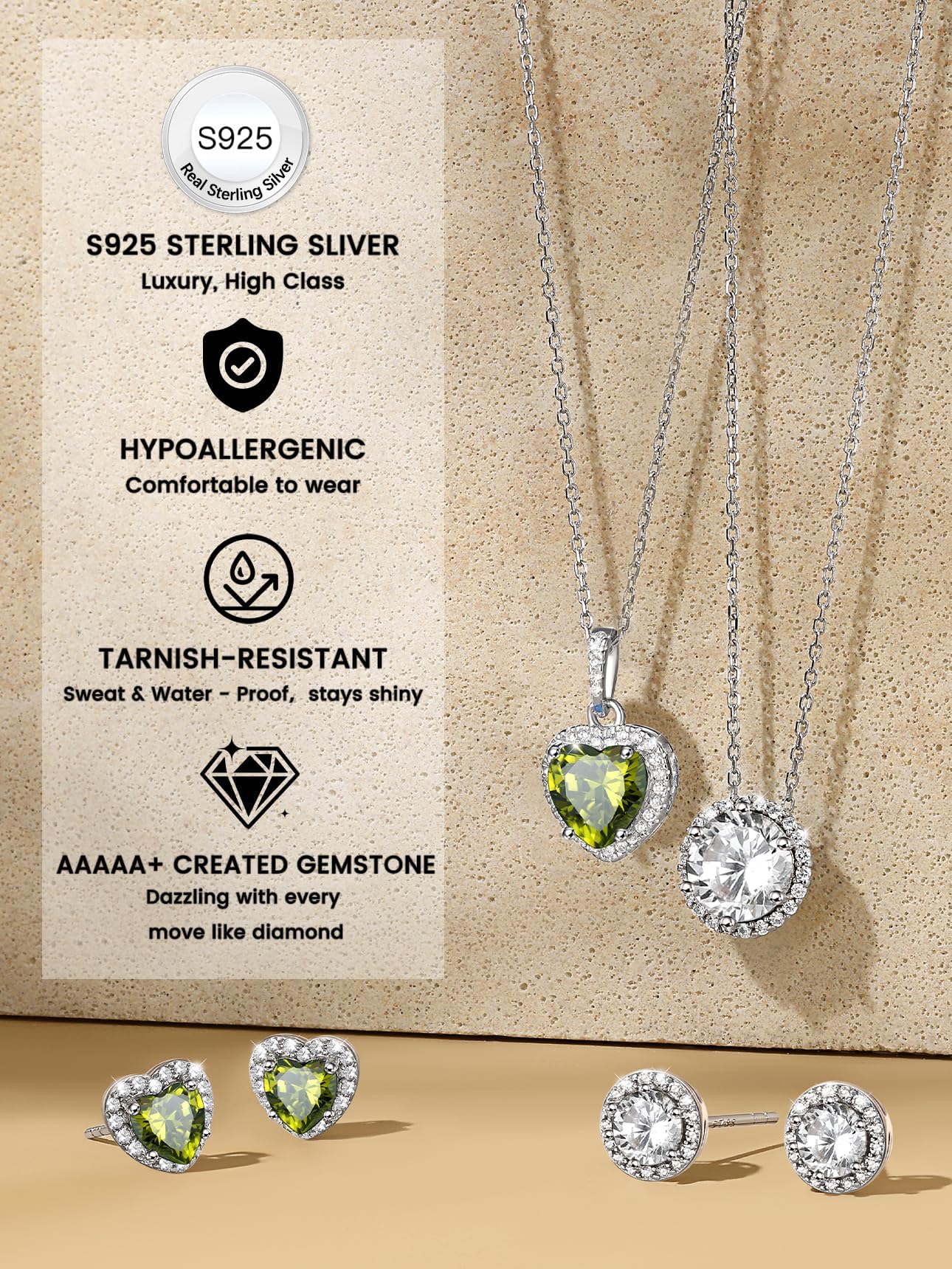 Bestyle 925 Sterling Silver Infinite Birthstone Heart Stud August Peridot Birthstone Earrings, Dainty Love Statement Stud Earrings, Birthday/Valentines/Christmas Gift for Women/