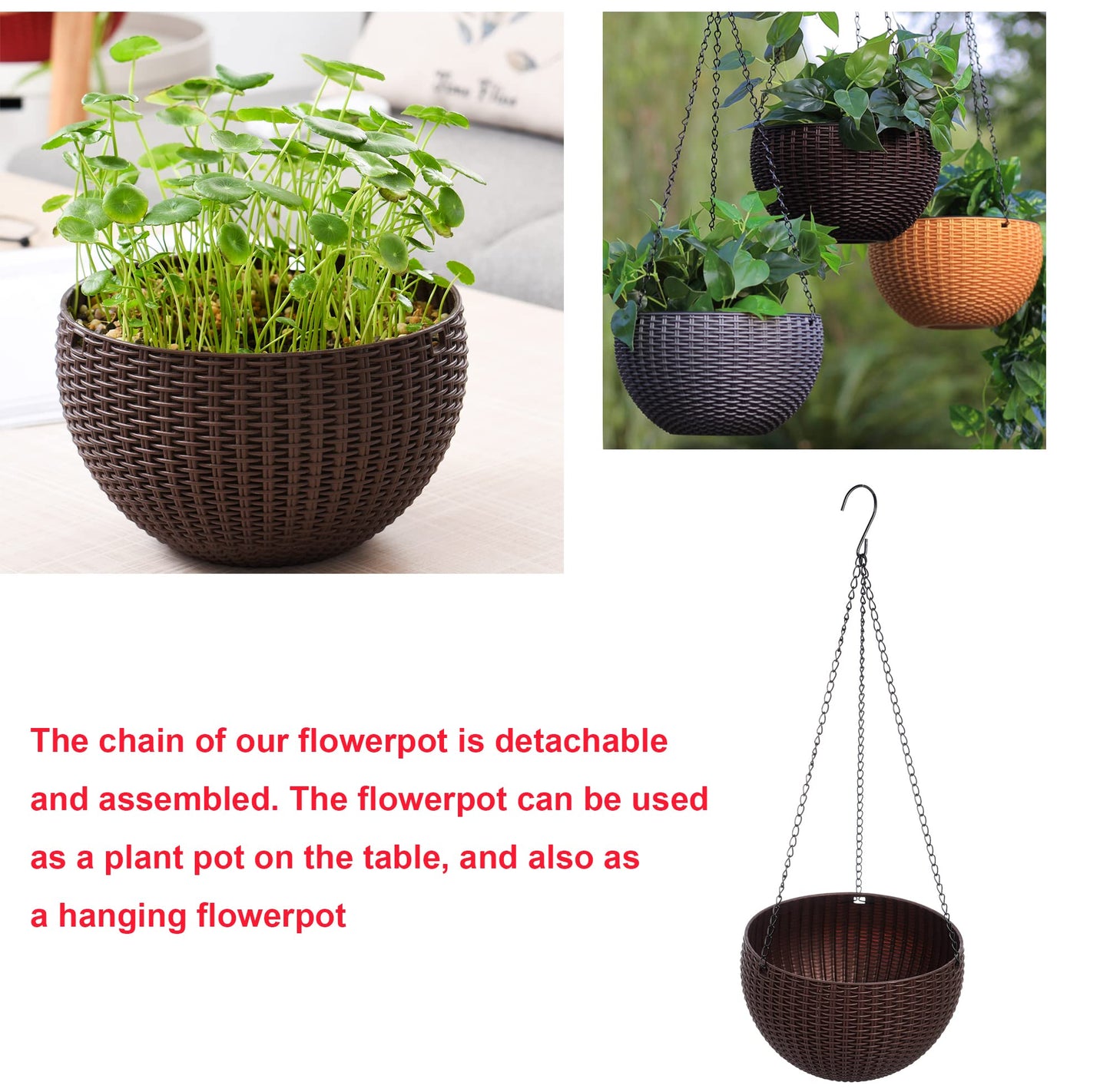 THUSIBER Hanging Basket Plastic Flower Pot Round Resin Garden Hanging Planter for Indoor Outdoor Plants 2 Pack Brown