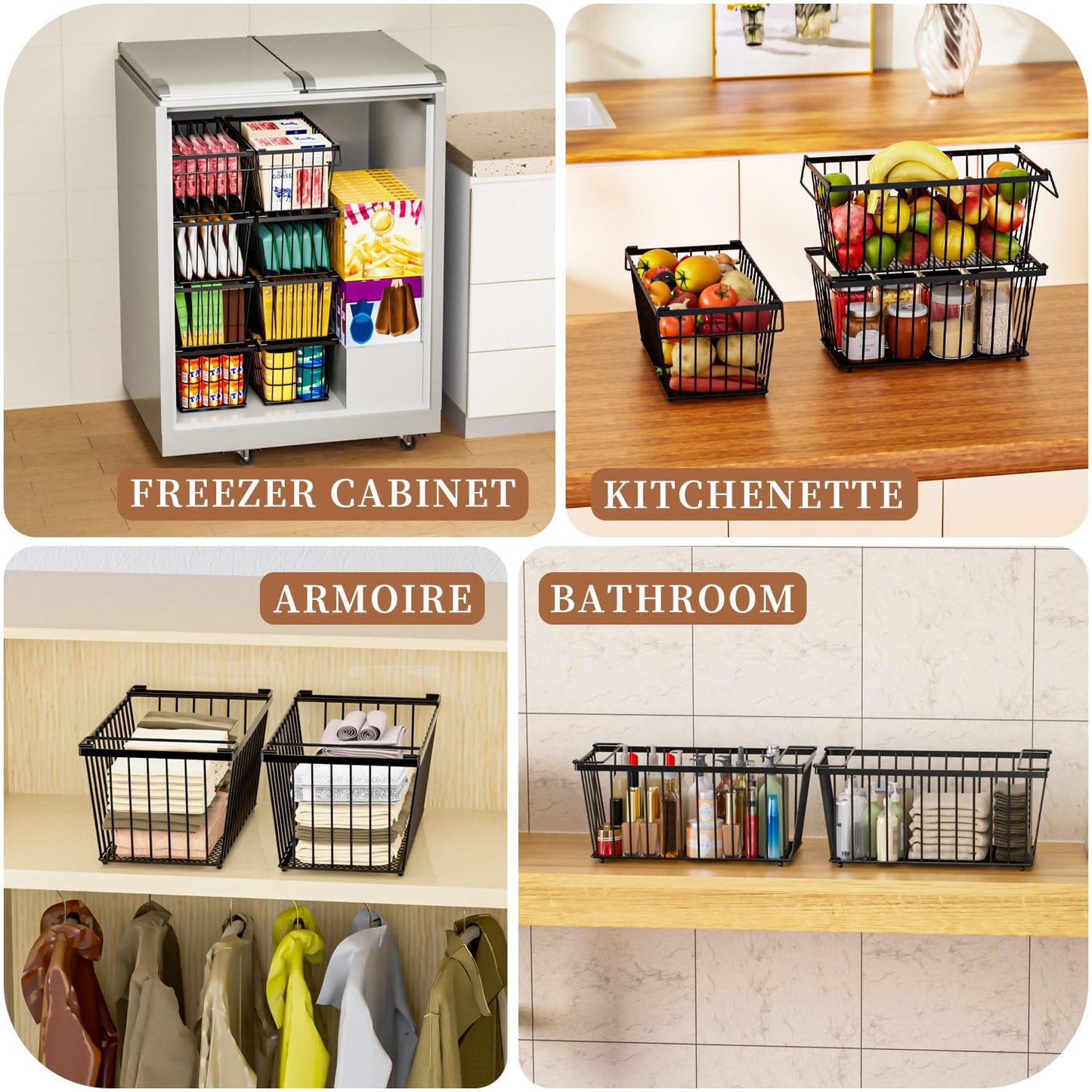 ANJUBAN Enhanced Leak-Proof Bottom - Freezer Organizer Bins ，4 Pack Stackable Deep Freezer Organizer Bins for 7 Cu.FT Small Chest Freezer，organization and storage，pantry organizers(4 Pack-black)
