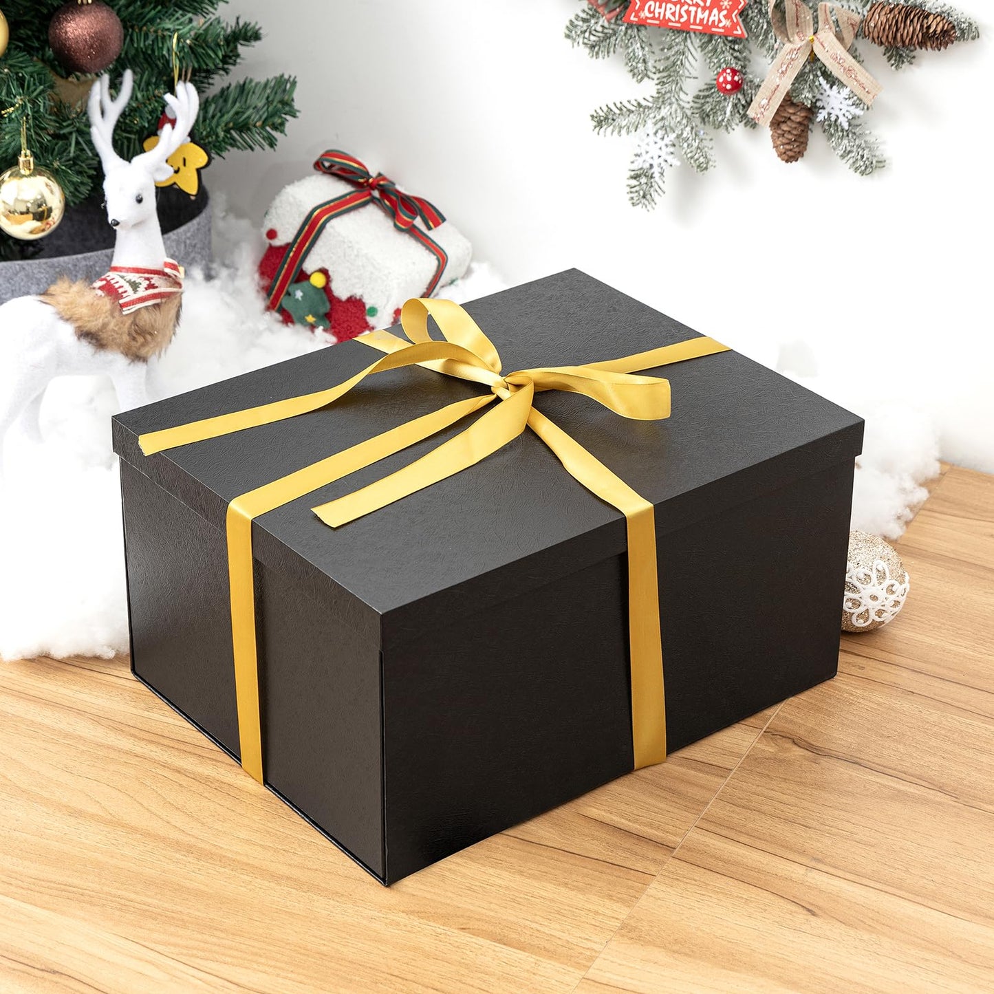 Mefleet 16x12x8 Inches Large Gift Box with Lid for Presents Big Deep Black Gift Boxes 1 Pack for Christmas, Birthday, Valentine's Day,Mother's Day Presents - Contains Crinkle Paper,Ribbon and Card