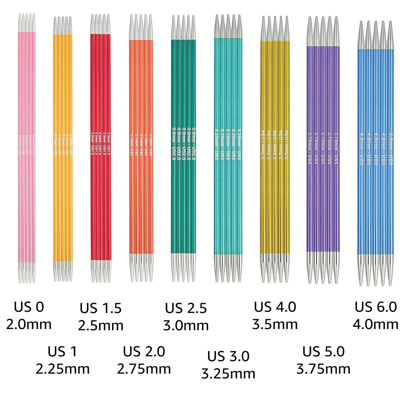 KnitPro Zing Deluxe Set 6 inch DPN Double Pointed Knitting Needles Size 0, 1, 1.5, 2, 2.5, 3, 4, 5, 6 with Fabric Case with Project Bag