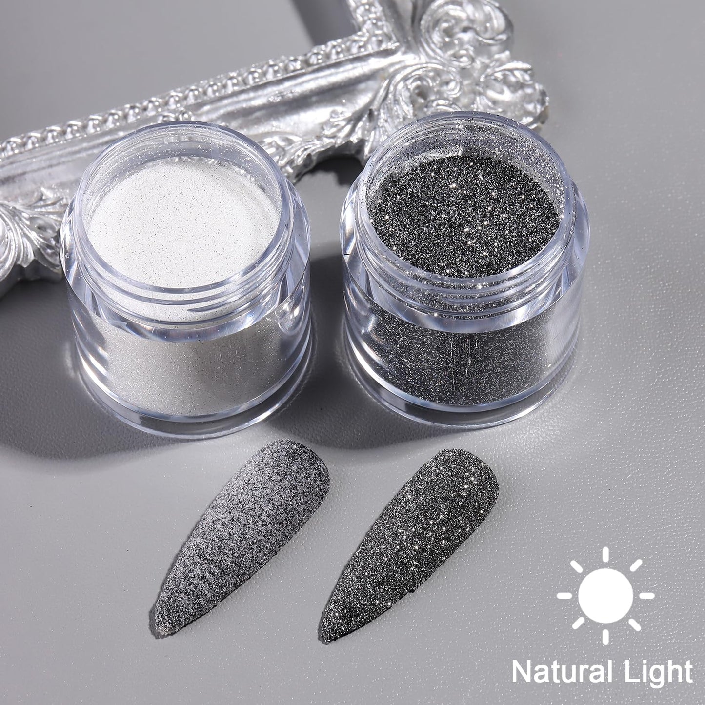 Furtherpretty Reflective Glitter Powder for Nails, 2PCS Black & White Flash Reflective Nail Sugar Set, Sparkle Diamond Glitter Powder Dust for Party Nail Art, DIY Manicure Salon Accessories (#3 Flash)