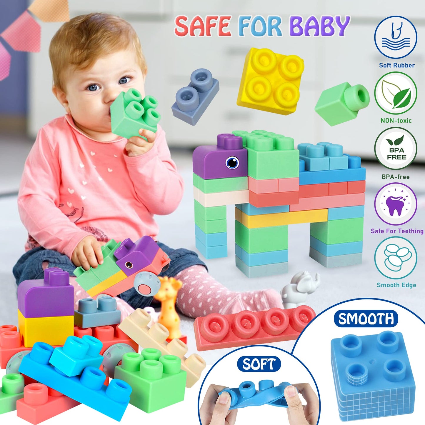 Baby Soft Blocks Building Block Toys, Babies Soft Rubber Baby Blocks 12-18 Months and Baby Sensory Balls, Montessori Toys Soft Baby Balls 6 to 12 Months Textured Geometric Shapes for Babies' Sensory D