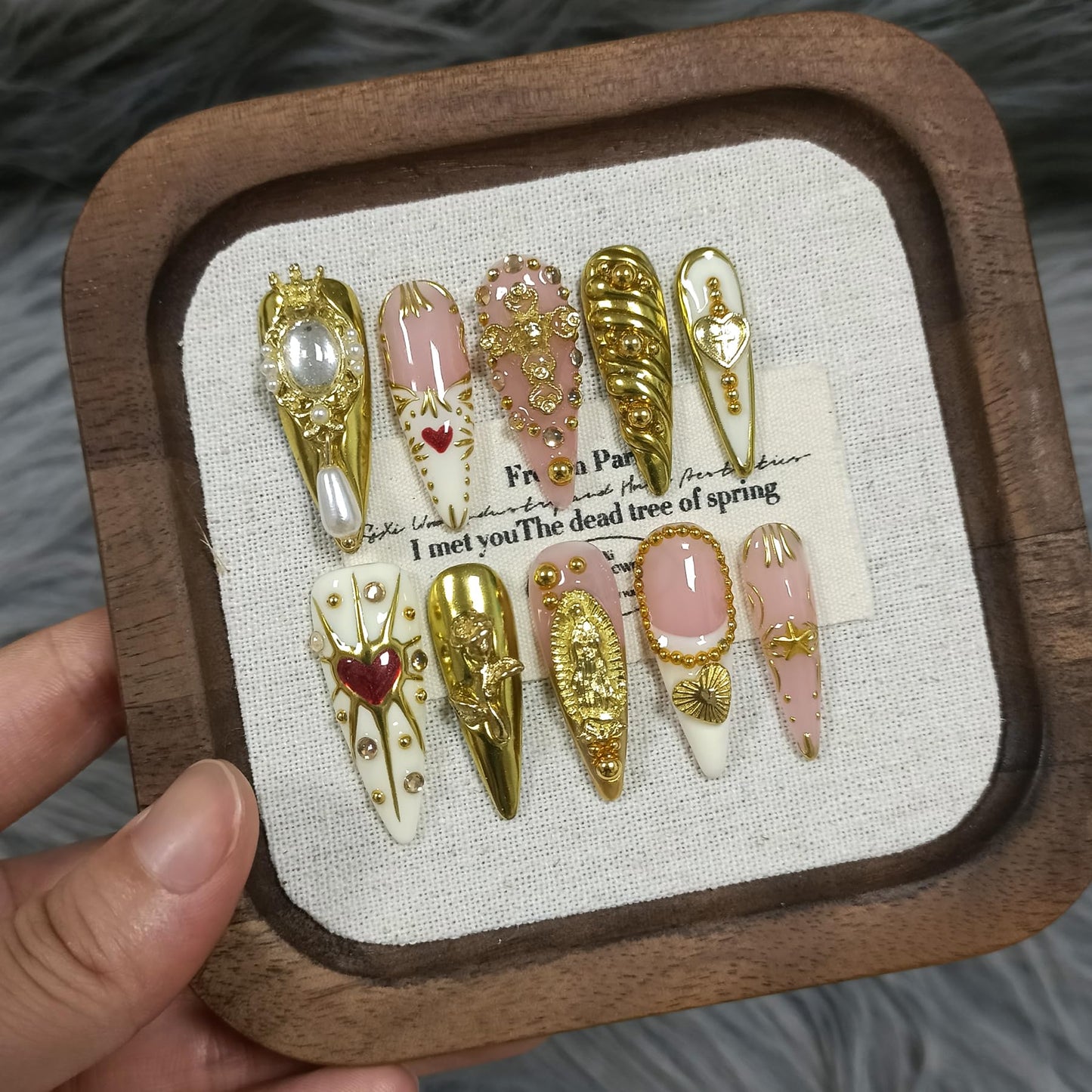 TENPAL 10Pcs Handmade Egyptian Press On Nails With Tools,Golden Palace Long Stiletto Glue on Nails,Glossy Sacred Rose & Cross Charms Fake Nails with Crystal Luxe,Acrylic Nails for Women Gifts(S)