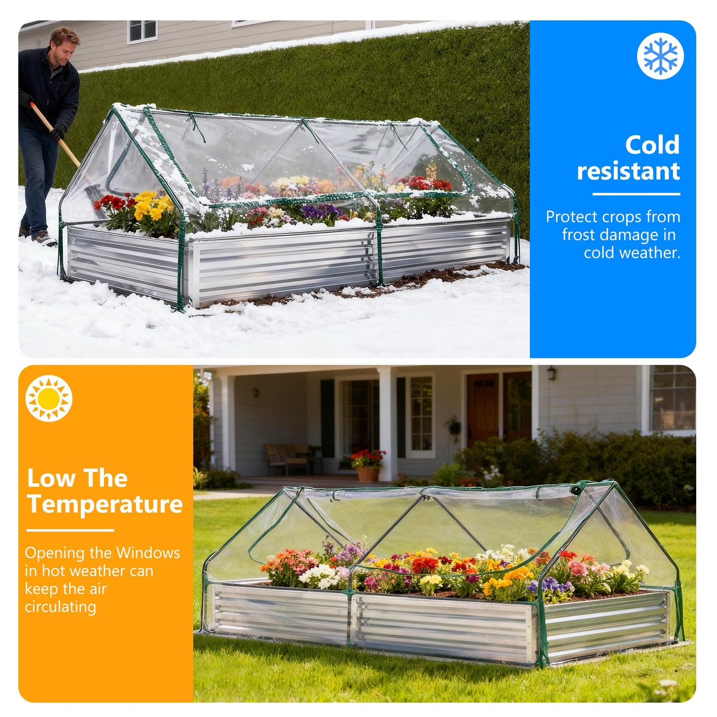 DUMOS 8x4x1ft Galvanized Raised Garden Bed with Cover, Planter Box Outdoor for Deep-Rooted Herbs/Flowers/Vegetables, Open Base Metal Garden Bed Mini Greenhouse for Patio/Balcony/Backyard, Silver