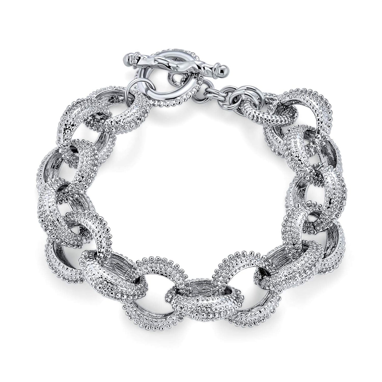 Bling Jewelry Fashion Chunky Oval Link Chain Statement Bracelet Matte Texture Silver Toggle Clasp Closure