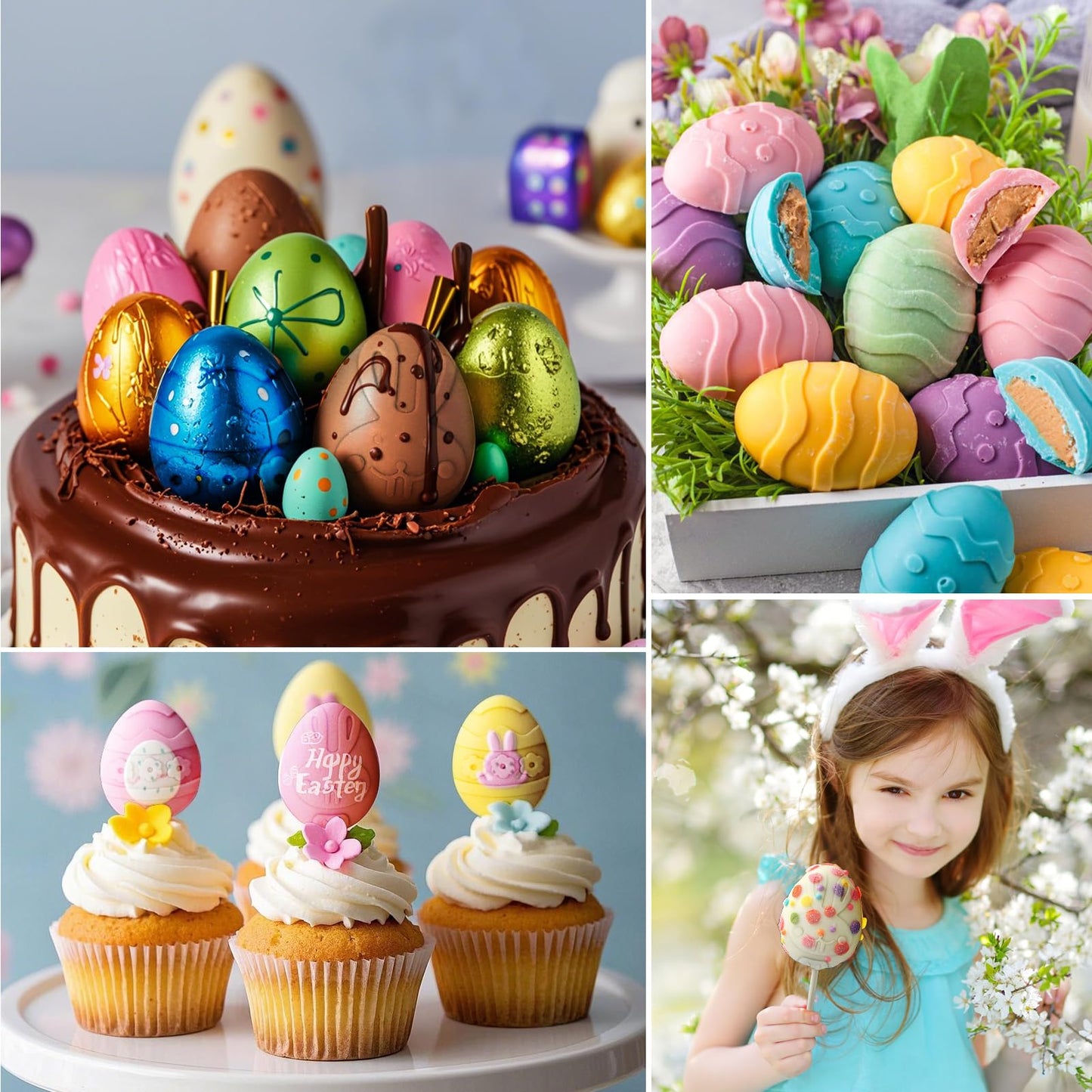 Mity Rain Easter Cake Pop Mold Kit – 2pcs Egg Silicone Molds, 100 Bags, 100 Sticks and 100 Gold Ties, DIY Egg Lollipop Molds for Chocolate, Candy, Cupcake Decorations Easter Celebrations