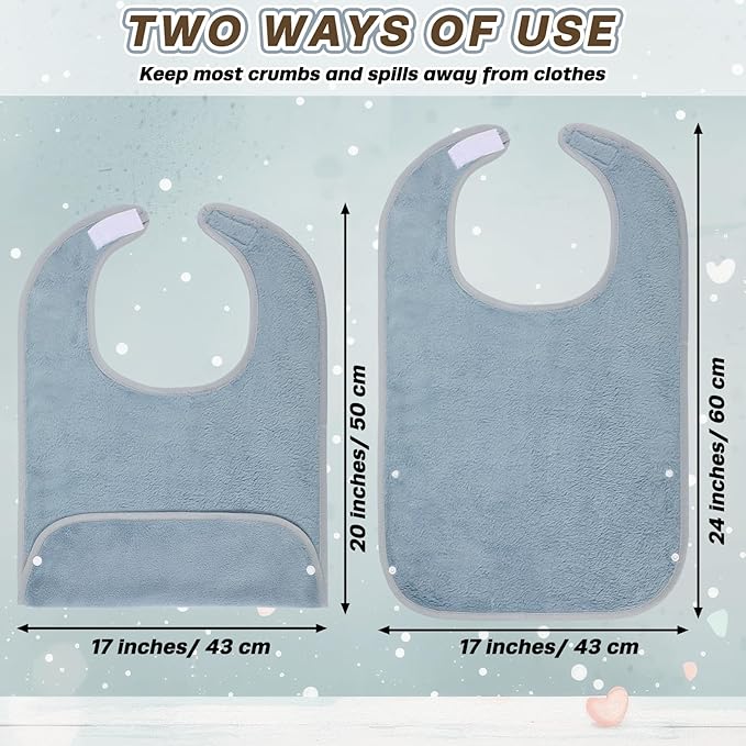 6 Pack Adult Bibs for Men and Women Elderly Senior Washable Clothing Protector with Crumb Catcher Large Towel Bibs for Special Needs Adult and Disabled Adjustable Reusable