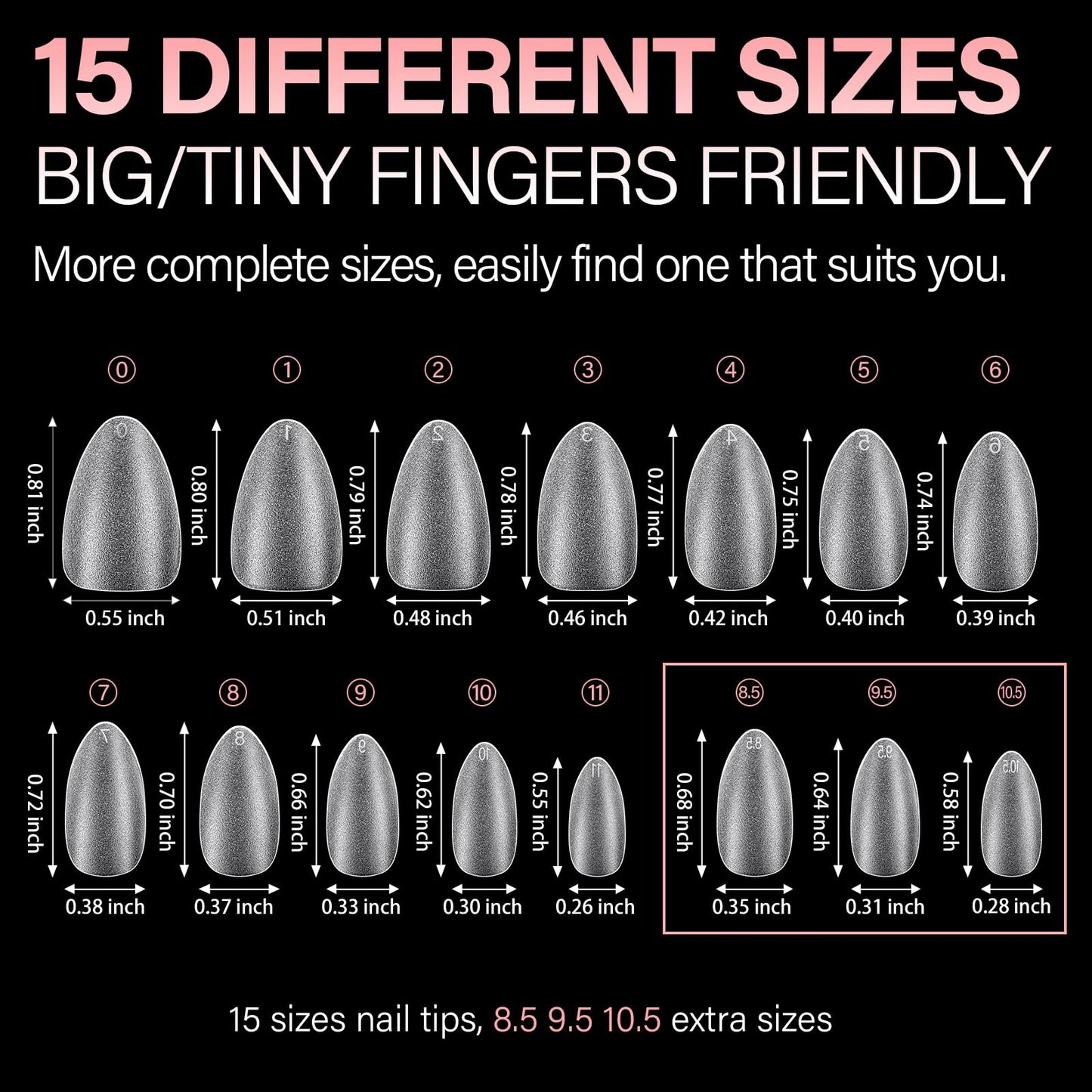 AILLSA Short Almond Nail Tips 450PCS Acrylic Gel Double-sided Matte Clear Pre-Buff Gel Nail Tips No Need Base Coat Press on Nails Tips for Extension 15 Sizes