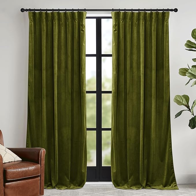 RYB HOME Green Velvet Curtains 102 inches with Hook Belt, Soft Fabric Room Darkening Thermal Insulated Luxurious Home Decor Curtains for Living Room Bedroom, W 52" x L 102", 2 Panels Set